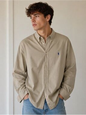 Ralph Lauren Beige Long-Sleeve Button-Down Shirt with Navy Pony